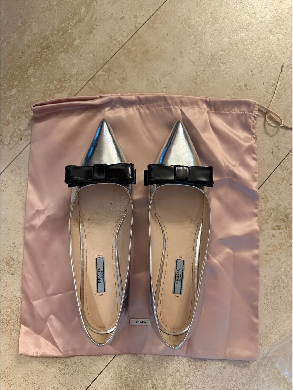 VINTAGE Prada Metallic Silver Leather Bow Pointed Toe Ballet Flats US 10.5